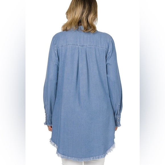 DISTRESSED CHAMBRAY FRAYED HEM LONGLINE SHIRT TOP - ZENANA HI-LOW HEM - Picture 2 of 8